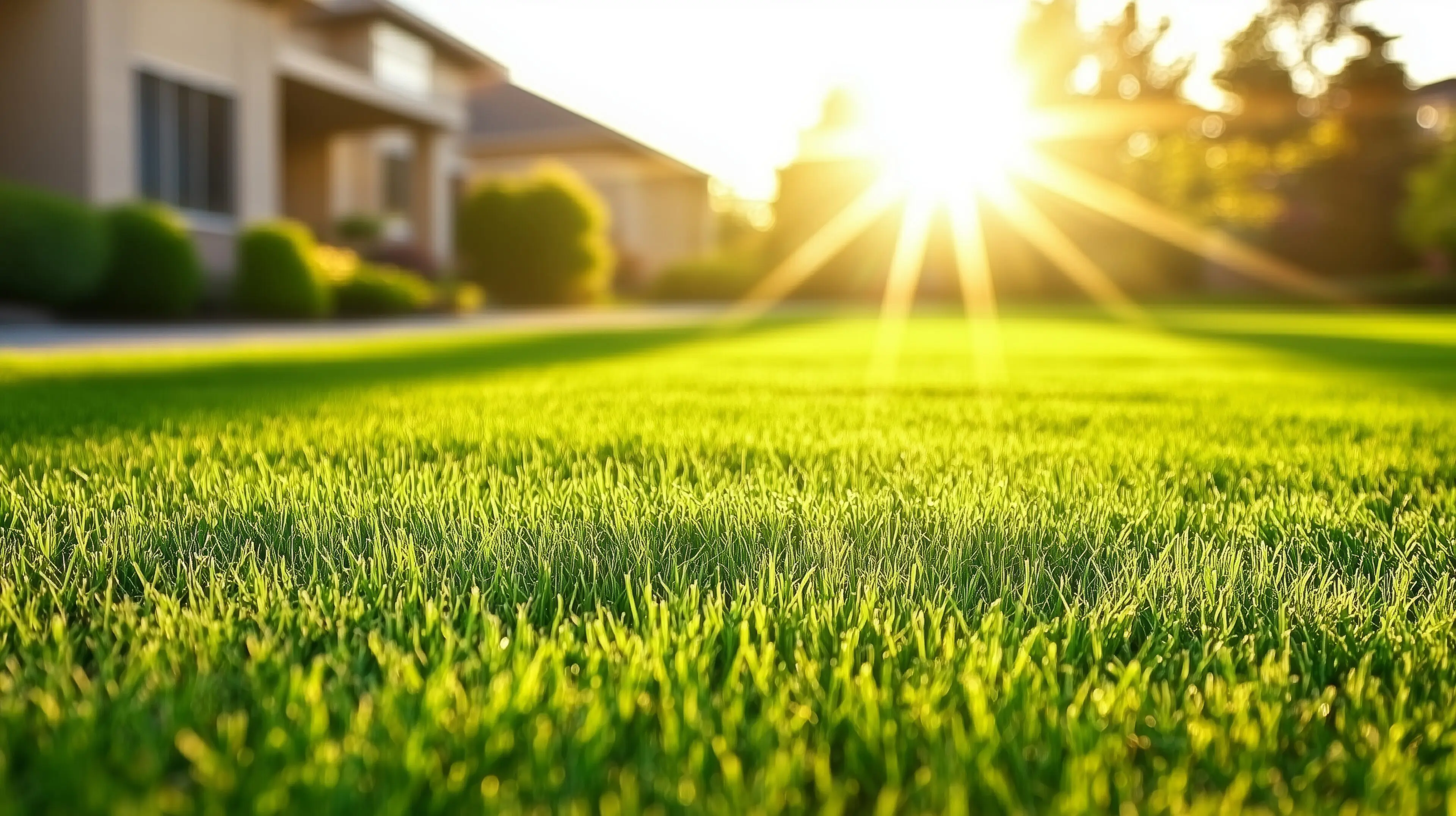 Grace Acres Puppies Vibrant green grass thrives in the warm glow of the setting sun, creating a peaceful backyard scene